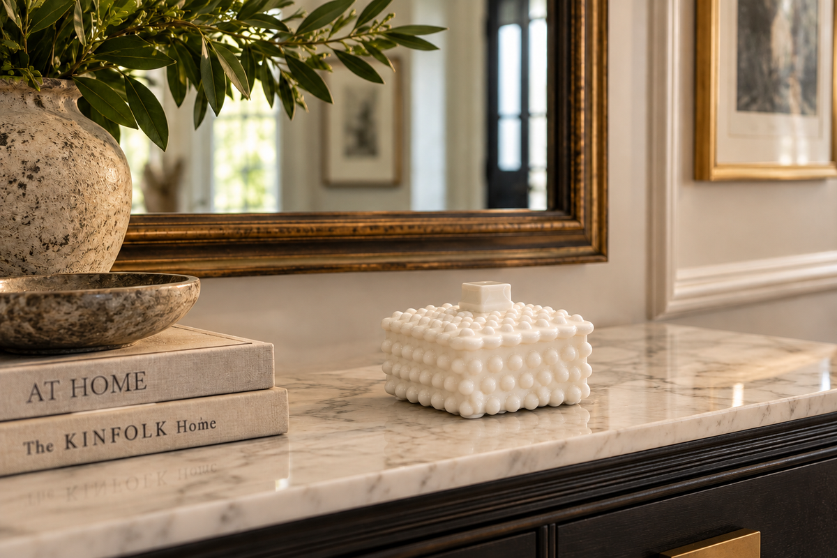 Vintage White Milk Glass Hobnail Lidded Trinket Box