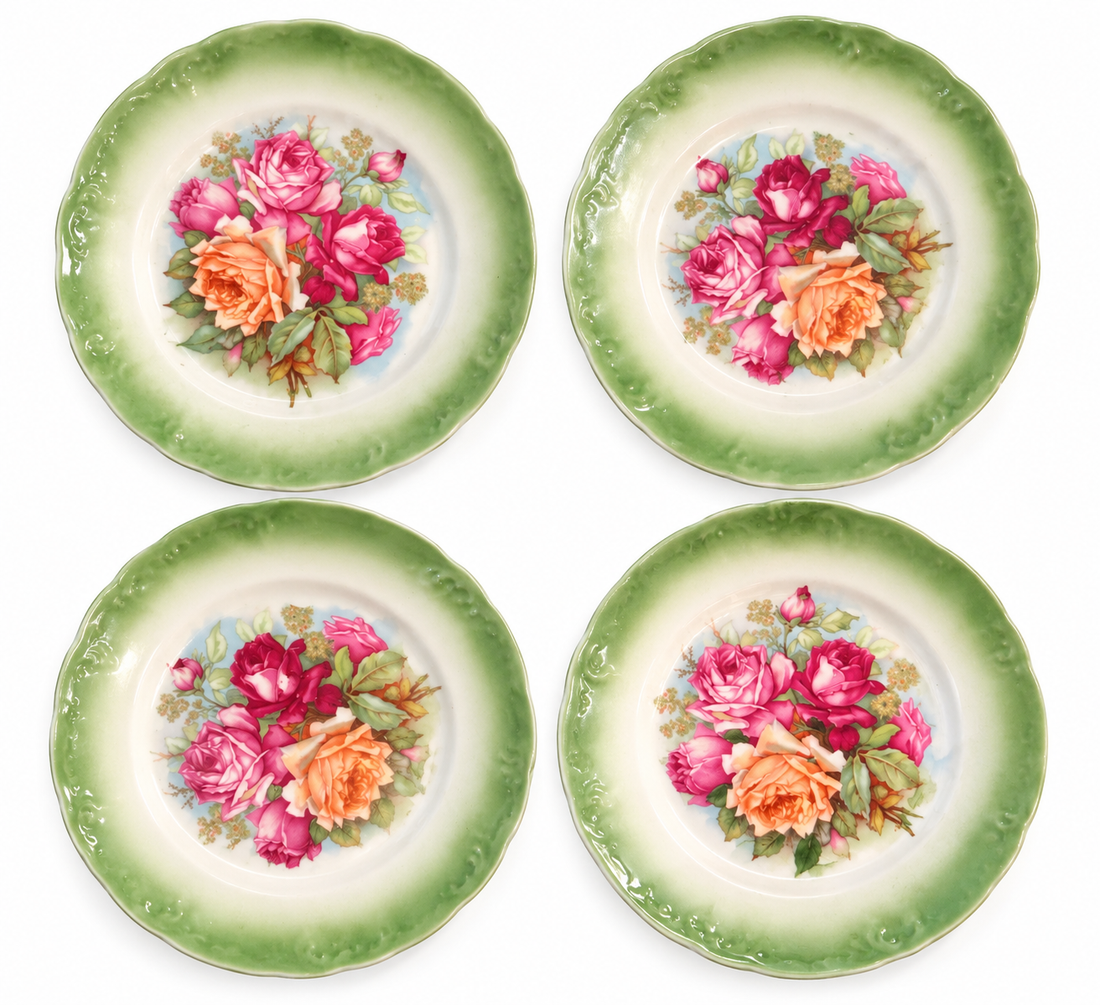 Vintage German Porcelain Rose Dessert Plates – Set of 4, Green Rim