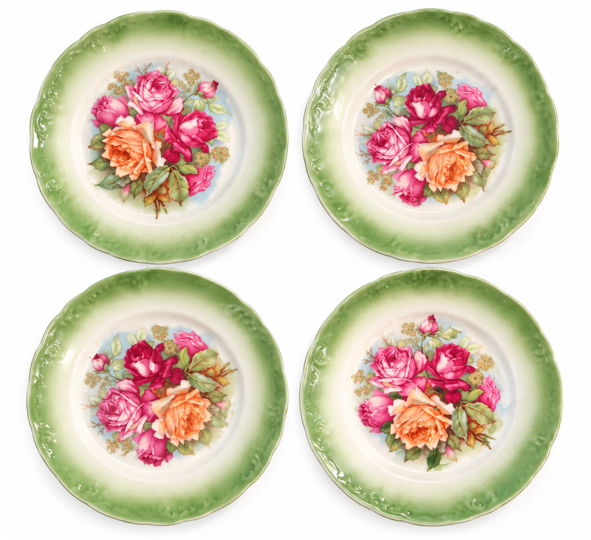 Vintage German Porcelain Rose Dessert Plates – Set of 4, Green Rim