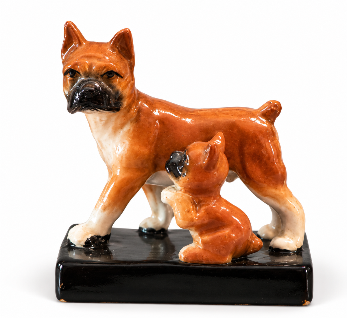 Vintage Ceramic Boxer Dog with Puppy Figurine on Black Base