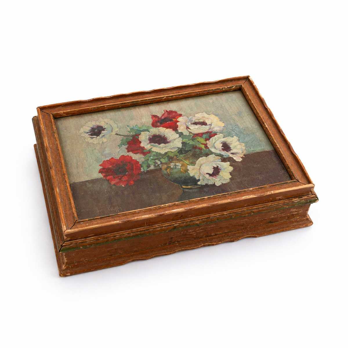 Vintage Wood Dresser Box with Mirror &amp; Floral Lining