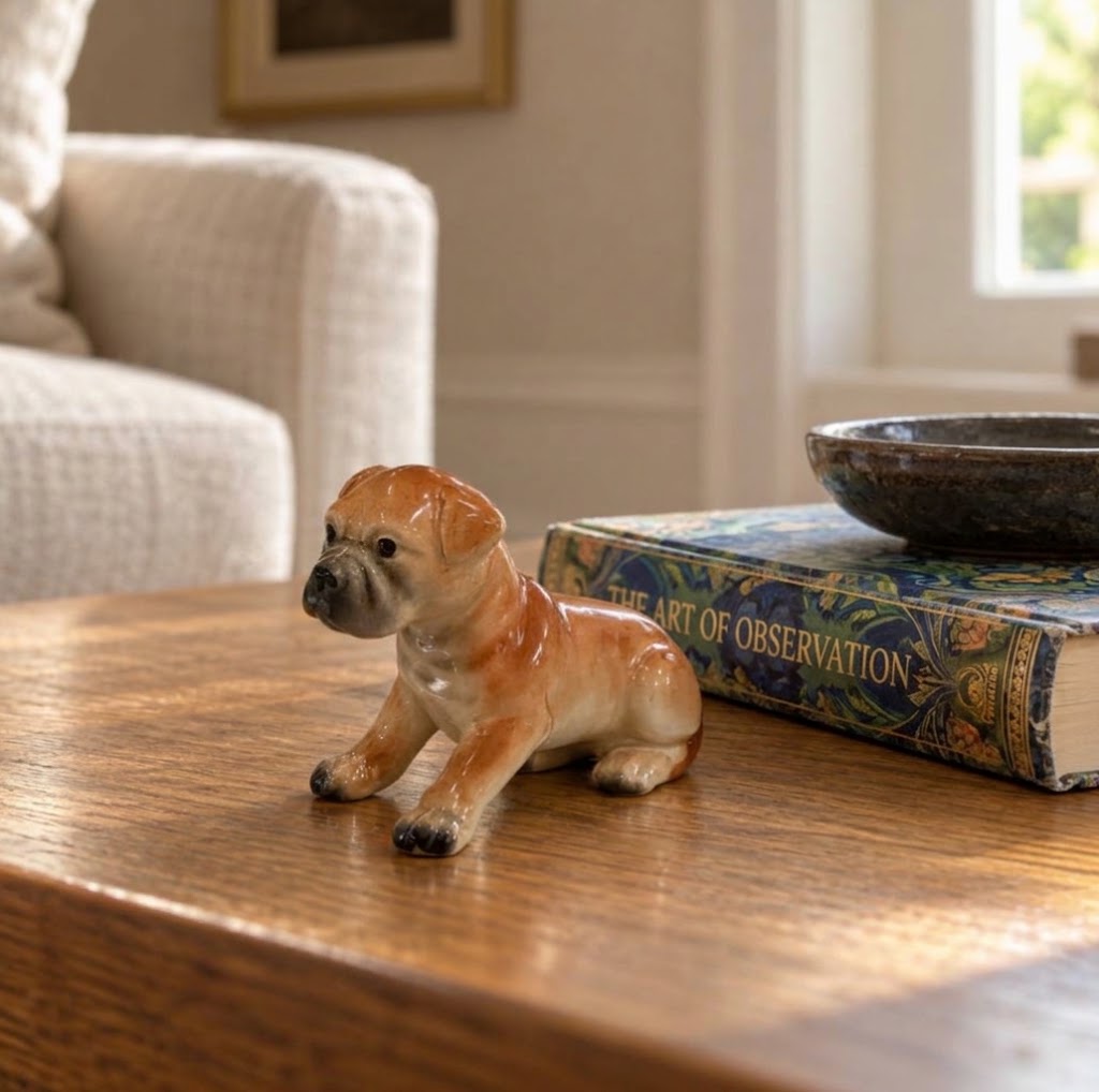 Boxer Puppy Figurine, Fawn, Hand-Painted Porcelain, Seated, 2.5"