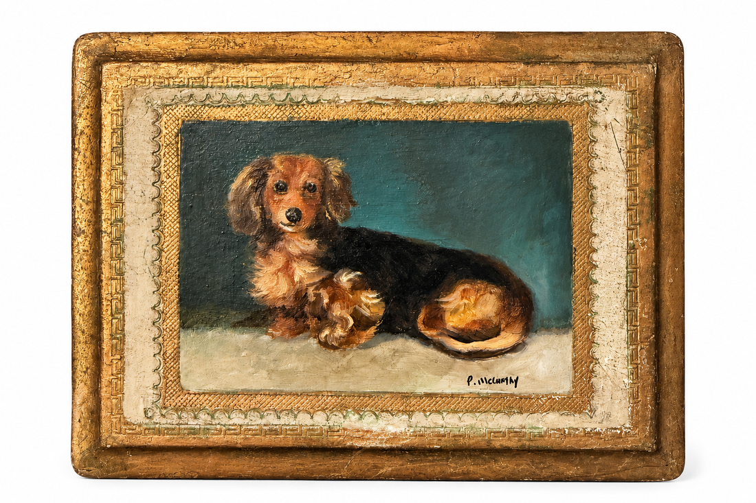 Pat McCarthy Long-Haired Dachshund, Original Oil on Florentine Board