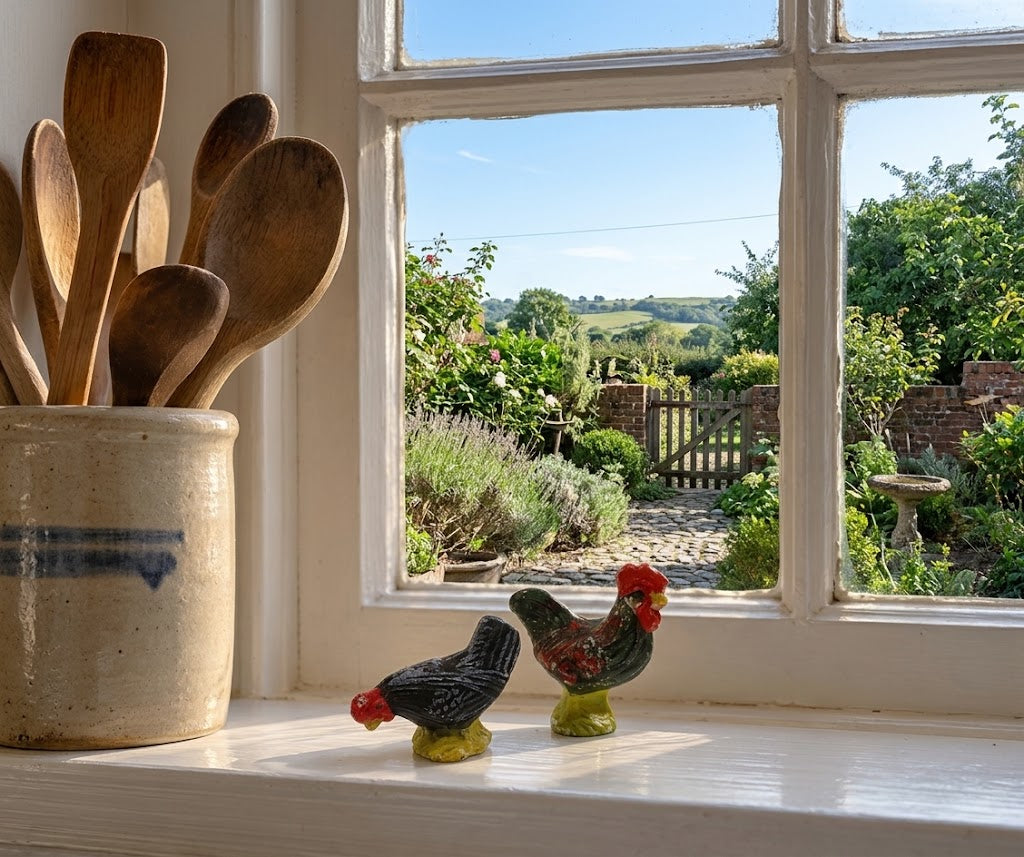 Rooster and Hen Figurines, Hand-Painted Ceramic, Japan, Pair, 2.5"