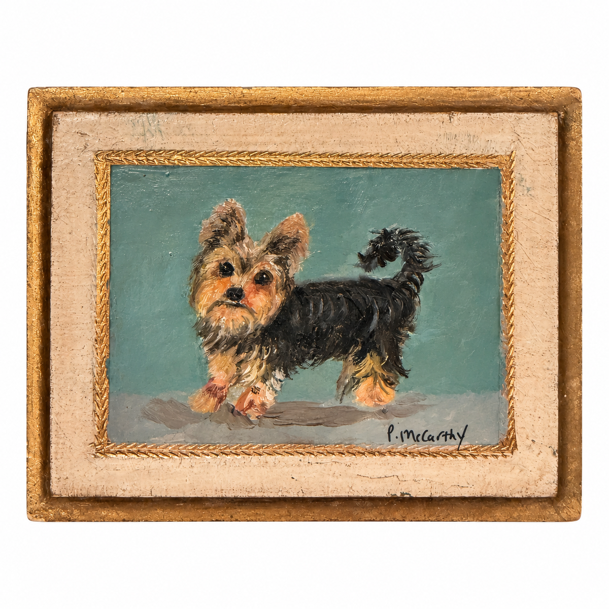 Vintage Yorkshire Terrier 4" x 6" Oil Painting by Patti McCarthy in Distressed Antique Gold Florentine Board.