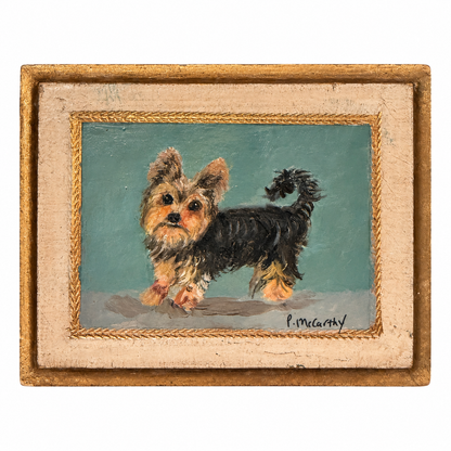 Vintage Yorkshire Terrier 4" x 6" Oil Painting by Patti McCarthy in Distressed Antique Gold Florentine Board.