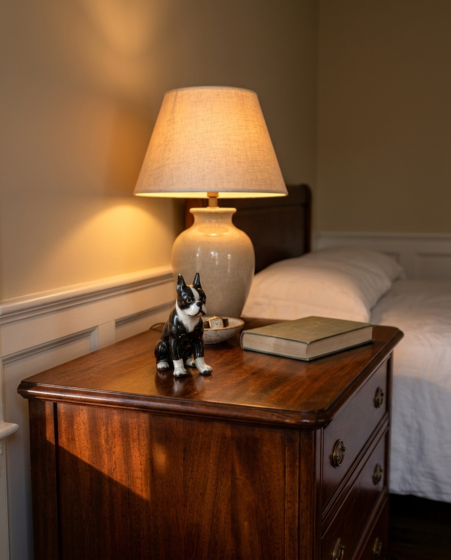 Small black and white porcelain Boston terrier figurine on a mahogany chest beside a lit linen-shade lamp in a warm bedroom