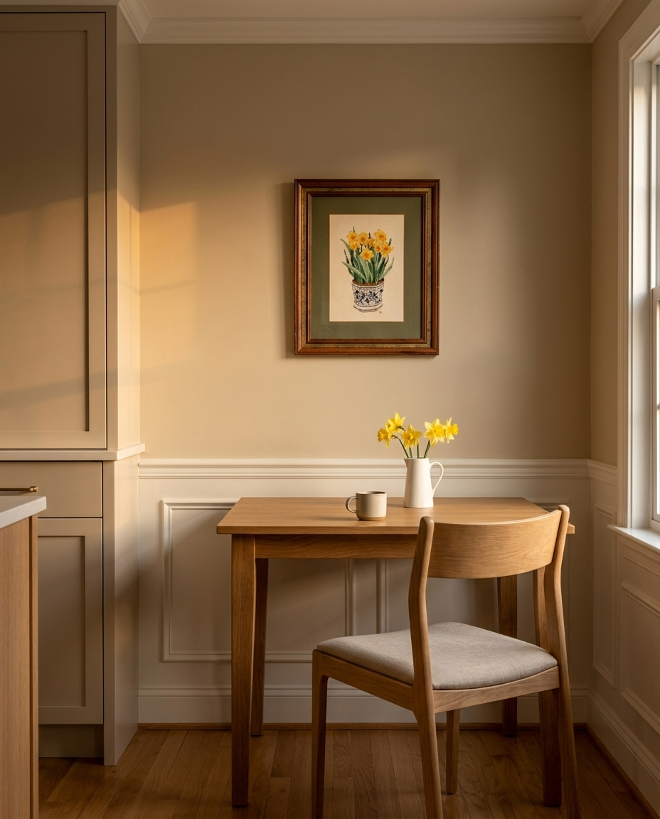 Framed daffodil cross-stitch hung above a small oak breakfast table with a jug of daffodils