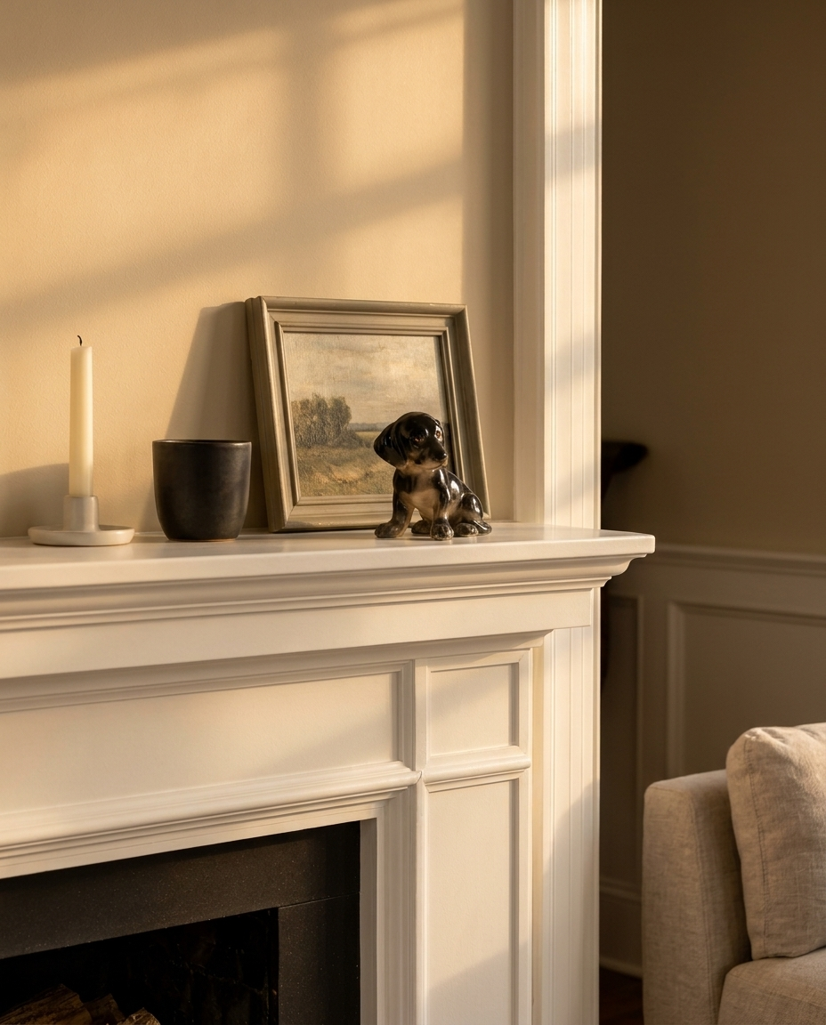 Small black and tan porcelain dachshund puppy figurine on a white mantel beside a stoneware cup and a leaning framed landscape in amber light