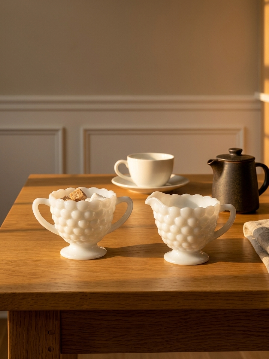 White milk glass bubble pattern creamer and sugar bowl with sugar cubes on an oak breakfast table beside a coffee cup and stoneware pot in late-afternoon light