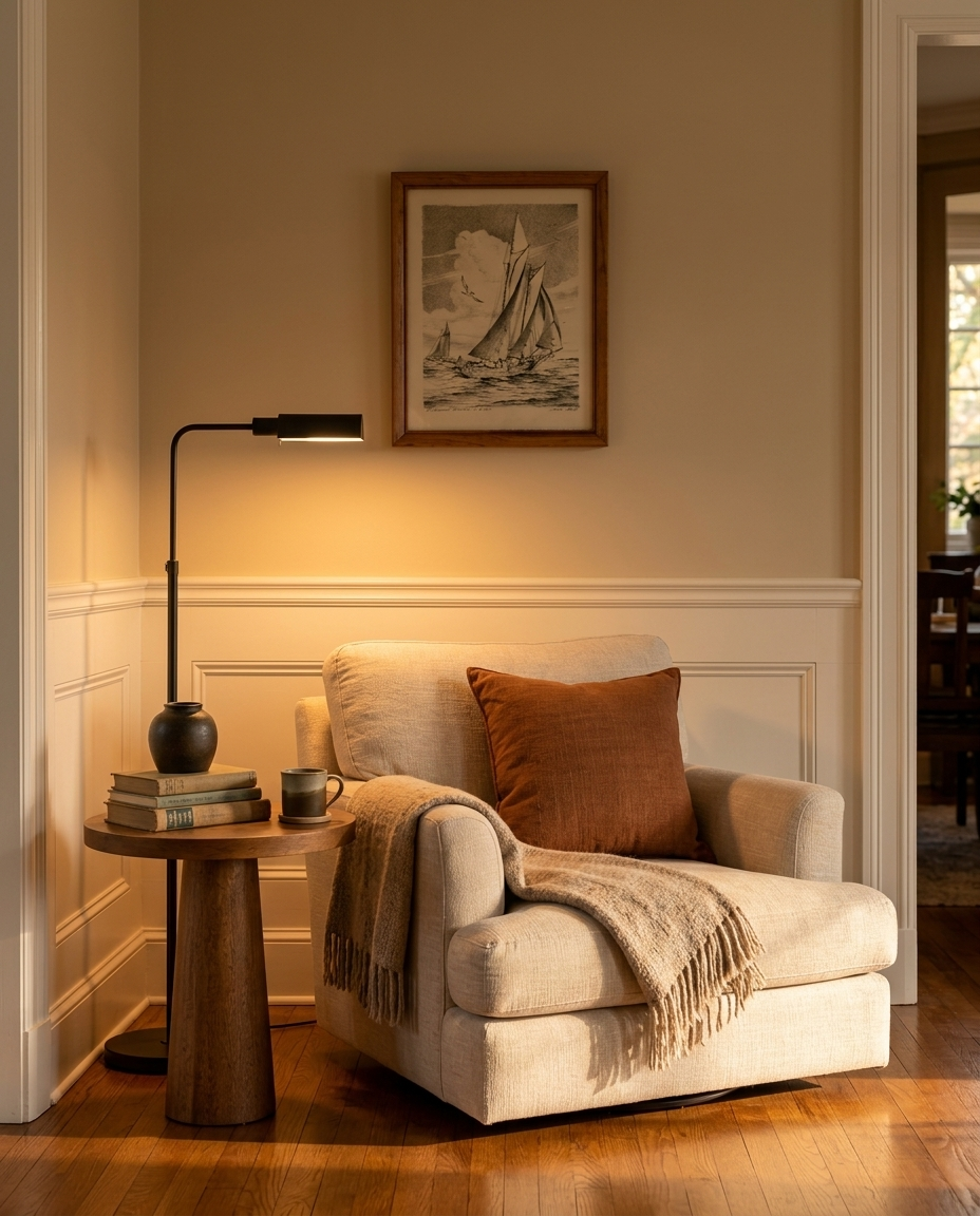 John Moll schooner print in a wood frame hung above a linen armchair in a warm lamp-lit reading nook