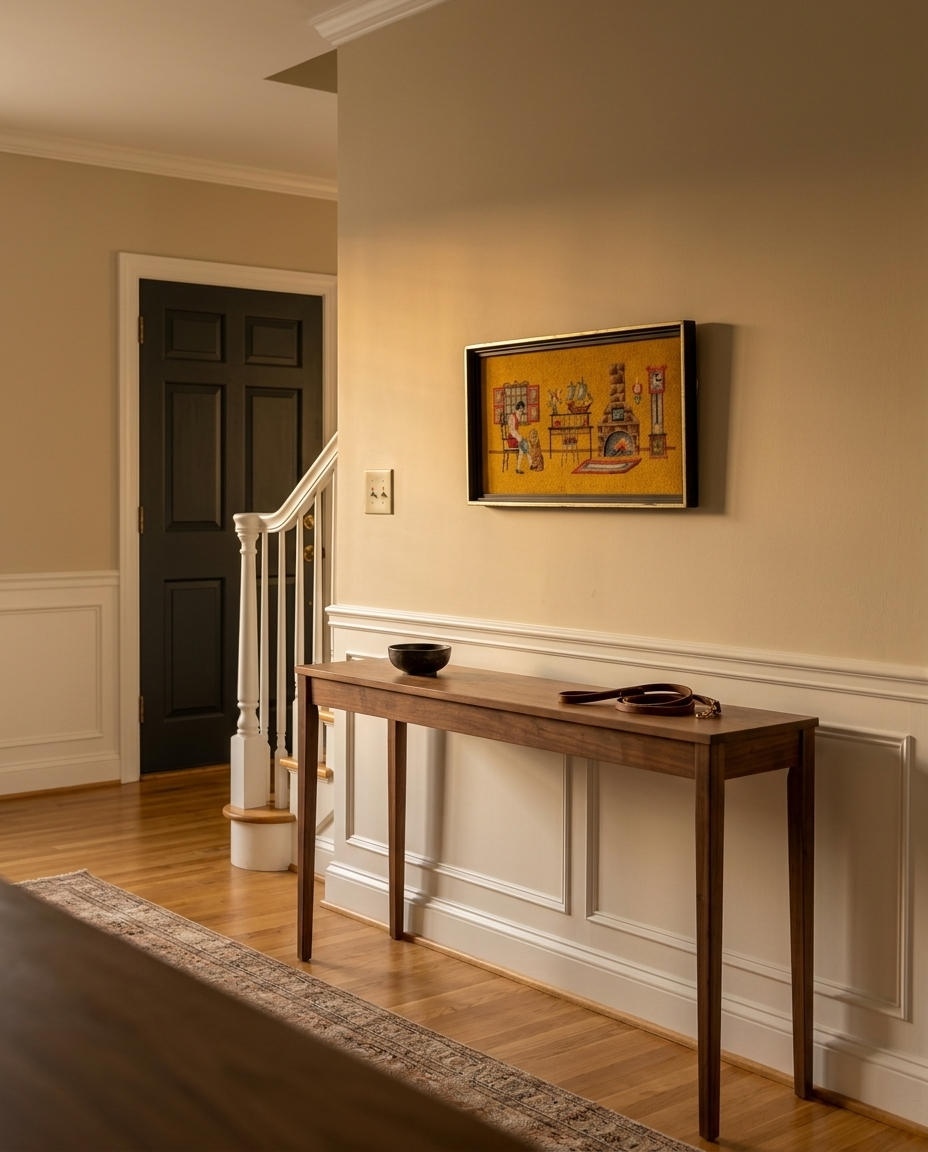 Framed needlepoint of a colonial room with a boy and his dog, hung above a walnut console in a warm front hall