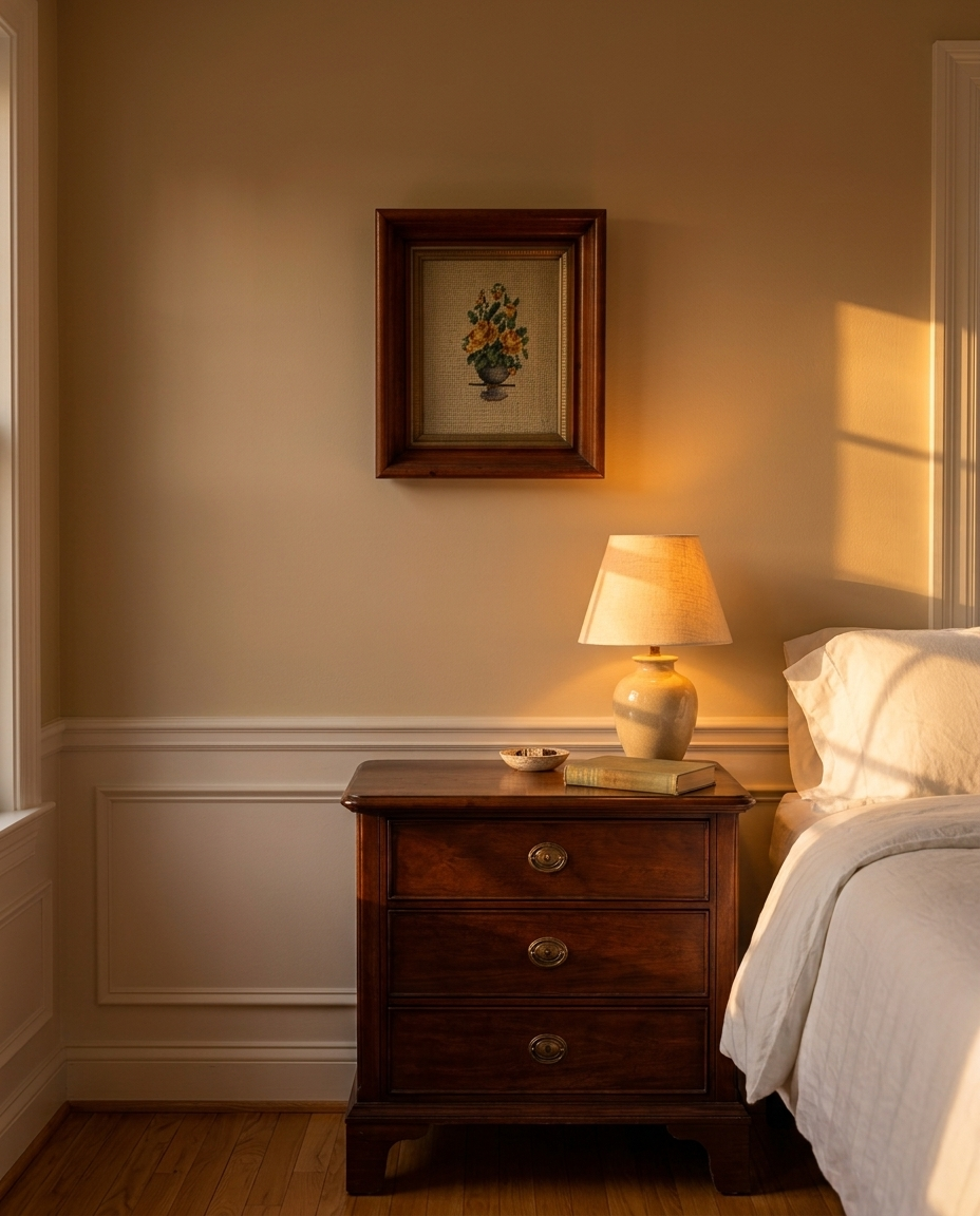 Framed yellow rose needlepoint hung above a mahogany nightstand with a lit linen-shade lamp in warm late-afternoon light