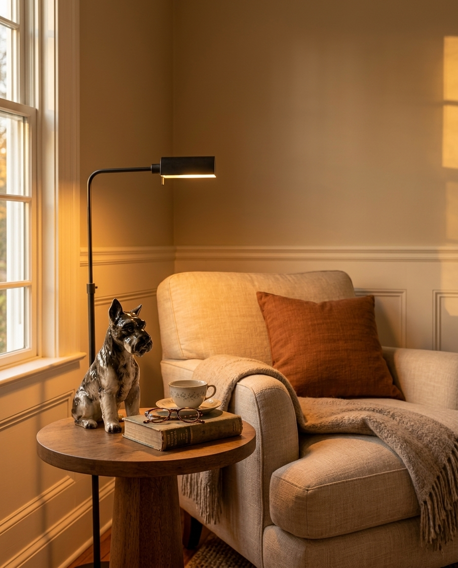 Lefton seated schnauzer figurine on a round side table with a teacup and reading glasses in a lamp-lit reading nook