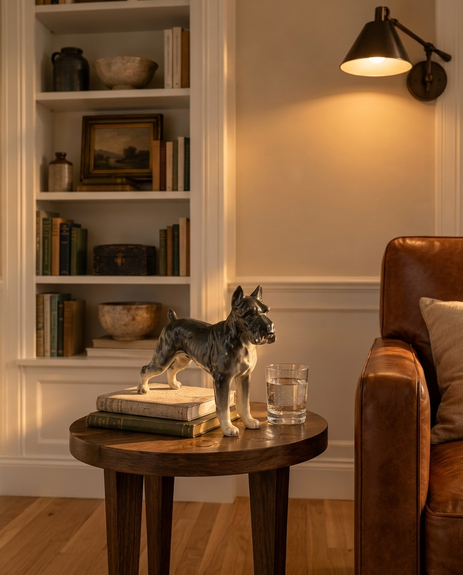 Lefton standing schnauzer figurine on a walnut side table beside books and a glass of water in a den with built-in bookshelves