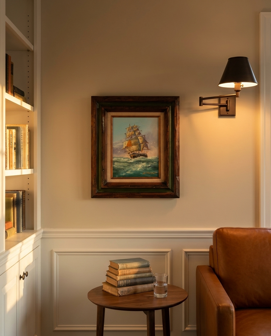 Tall ship oil painting in a carved green and wood frame, hung on a putty wall in a den between white bookshelves and a leather armchair, under a swing-arm sconce