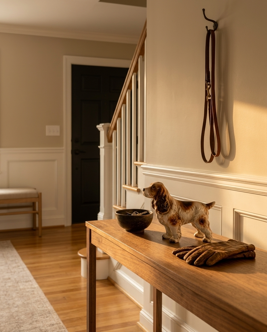Brown and white ceramic cocker spaniel figurine on a walnut console in a front hall beside leather gloves, a leash hanging above