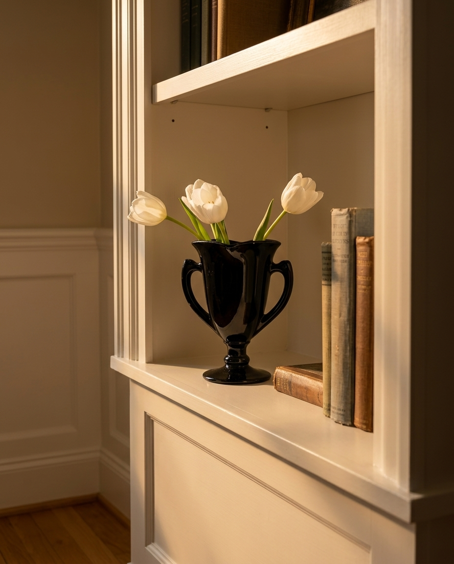 L.E. Smith black amethyst glass trophy vase with square rim holding white tulips on a den bookshelf beside old hardcovers