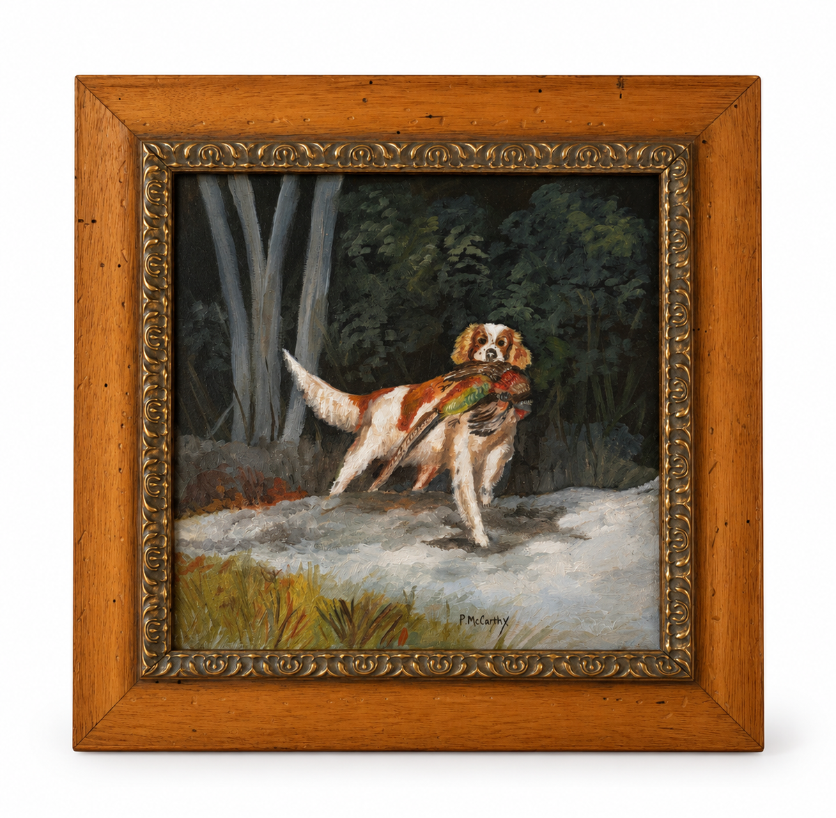 Pat McCarthy Spaniel with Pheasant, Original Oil, Framed, 16.5" x 16.5"