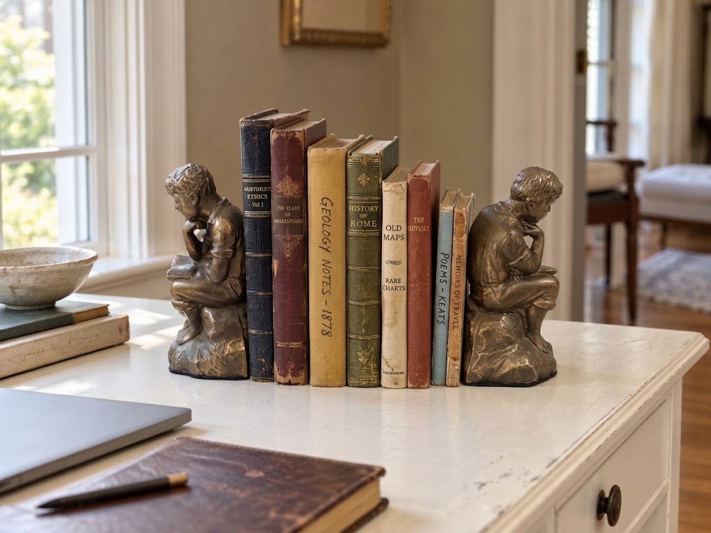 Pair of Reading Boy Bookends, Bronze-Tone Metal, 7"