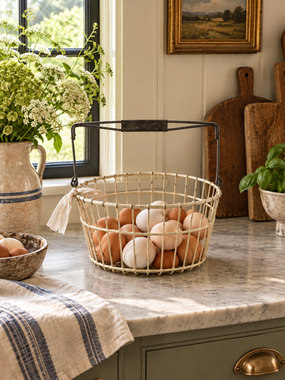 Vintage Cream Wire Egg Basket with Metal Handle