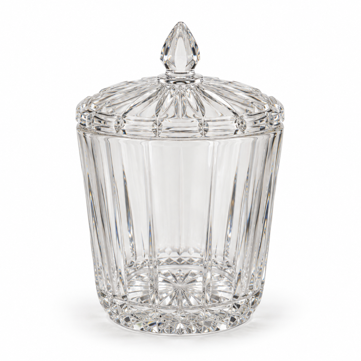 St. George Crystal Odyssey cut lead crystal covered jar, 7 inches tall, on a white background
