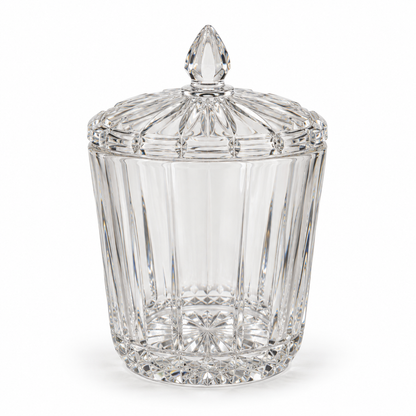 St. George Crystal Odyssey cut lead crystal covered jar, 7 inches tall, on a white background