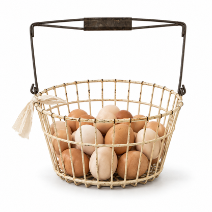 Vintage Cream Wire Egg Basket with Metal Handle