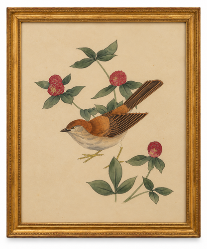 Antique Hand-Painted Silk Bird &amp; Flower Artwork | Gilt Frame