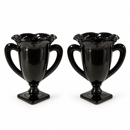 Pair of L.E. Smith black amethyst glass trophy vases with ruffled rims and square feet, 7 inches tall, on a white background