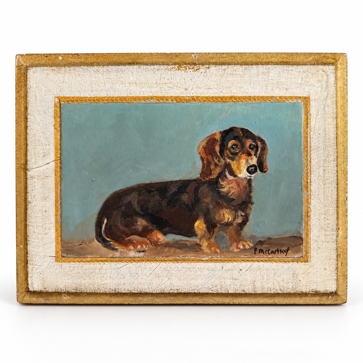 Patti McCarthy original oil of a dachshund on a soft blue ground, signed P. McCarthy, on a cream and gilt Florentine board