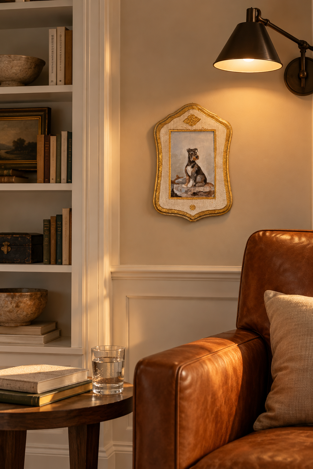 Patti McCarthy oil of a seated wire-haired terrier on a shaped cream and gilt Florentine board, hung in a den between white bookshelves and a leather armchair