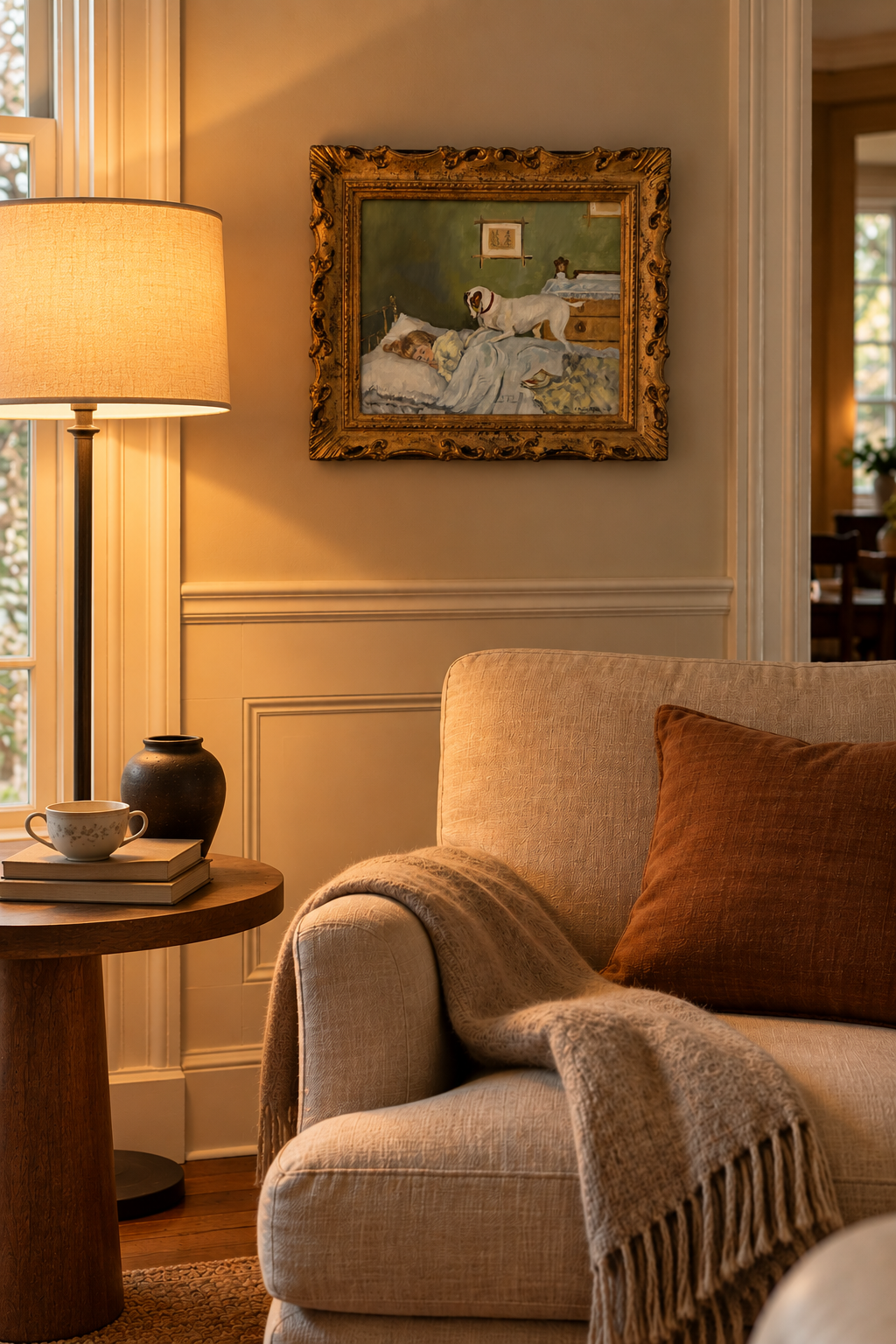 Patti McCarthy oil of a terrier waking a sleeping girl, in a carved gilt frame, hung above a linen armchair in a warm lamp-lit reading nook