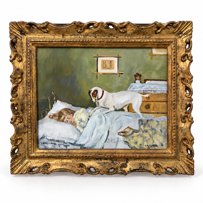 Patti McCarthy original oil, Wake Up, a terrier with a red collar on a sleeping girl&