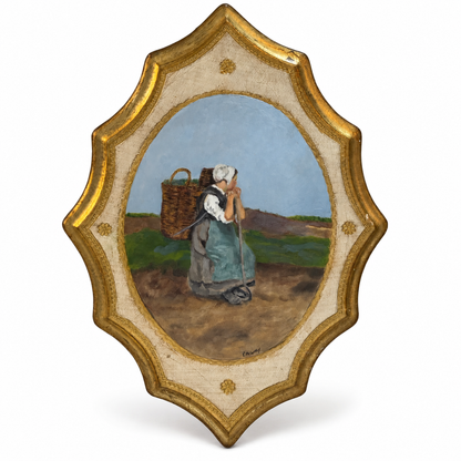 Patti McCarthy original oil of a woman resting with a wicker basket in a field, signed P. McCarthy, on a shaped cream and gilt Florentine board with Greek key border