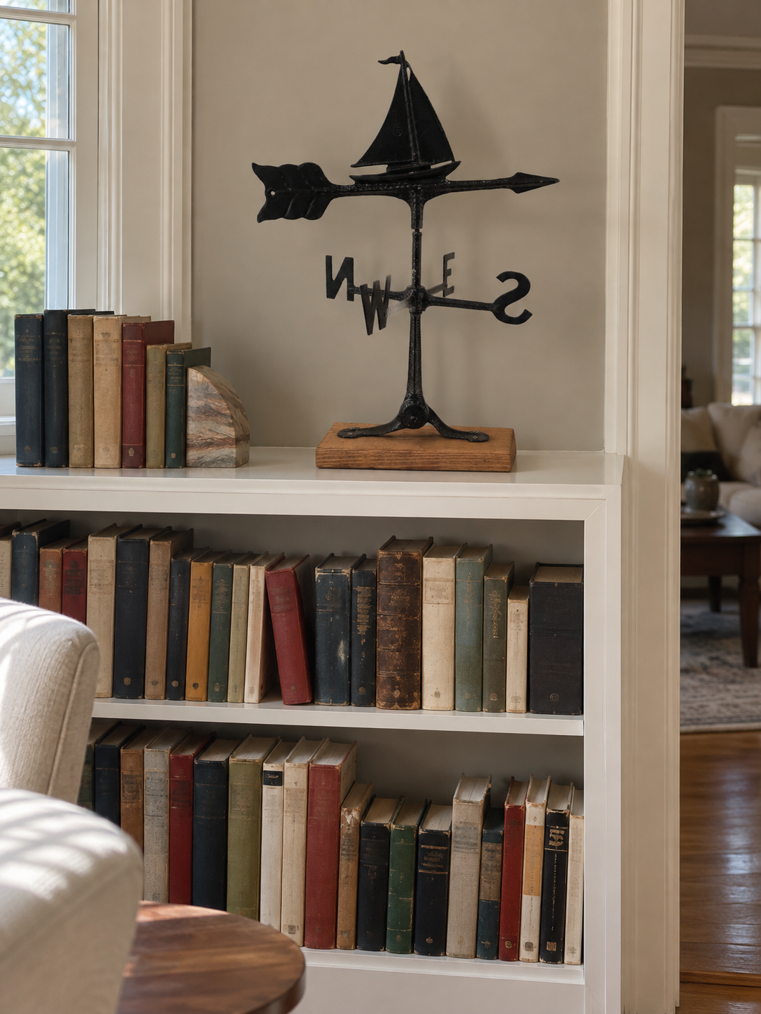 Black sailboat weathervane on wood base standing on top of a white den bookcase filled with old books