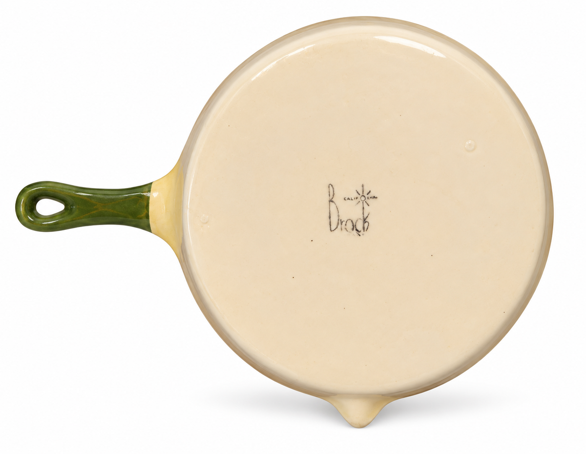 Vintage Brock California Ceramic Skillet with Yellow Rim &amp; Folk Art Farmhouse Design