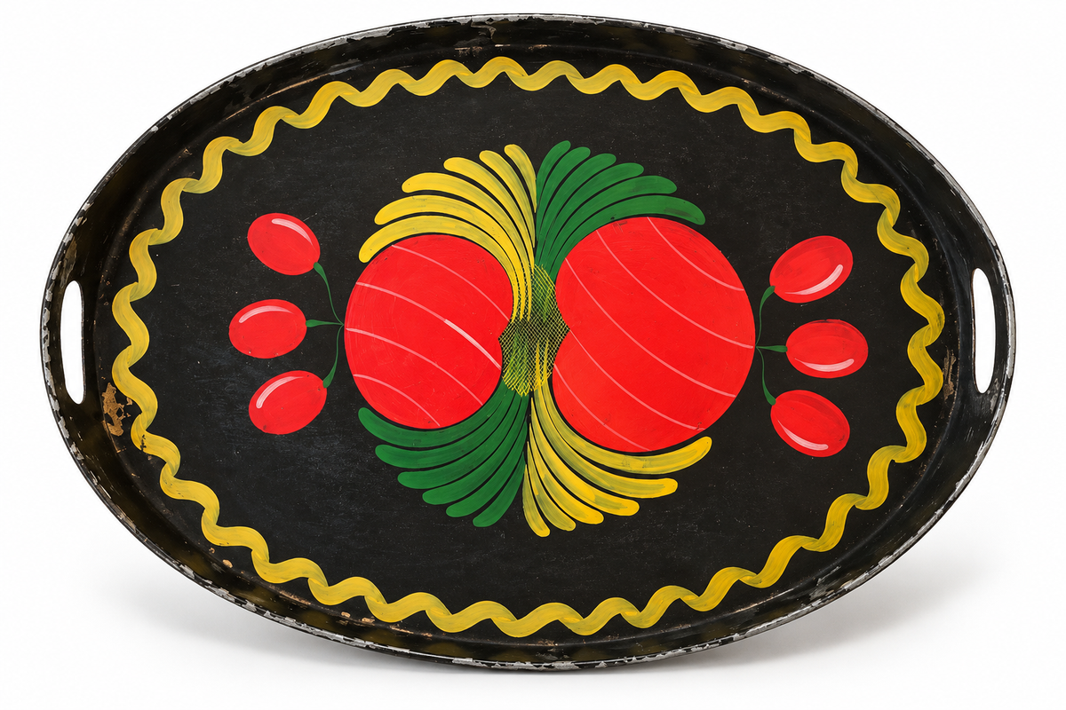 Vintage Folk Art Painted Black Metal Serving Tray with Red Fruit Design