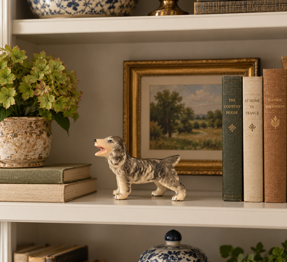 Vintage Glazed Ceramic Dog Figurine – Gray and Cream Spaniel