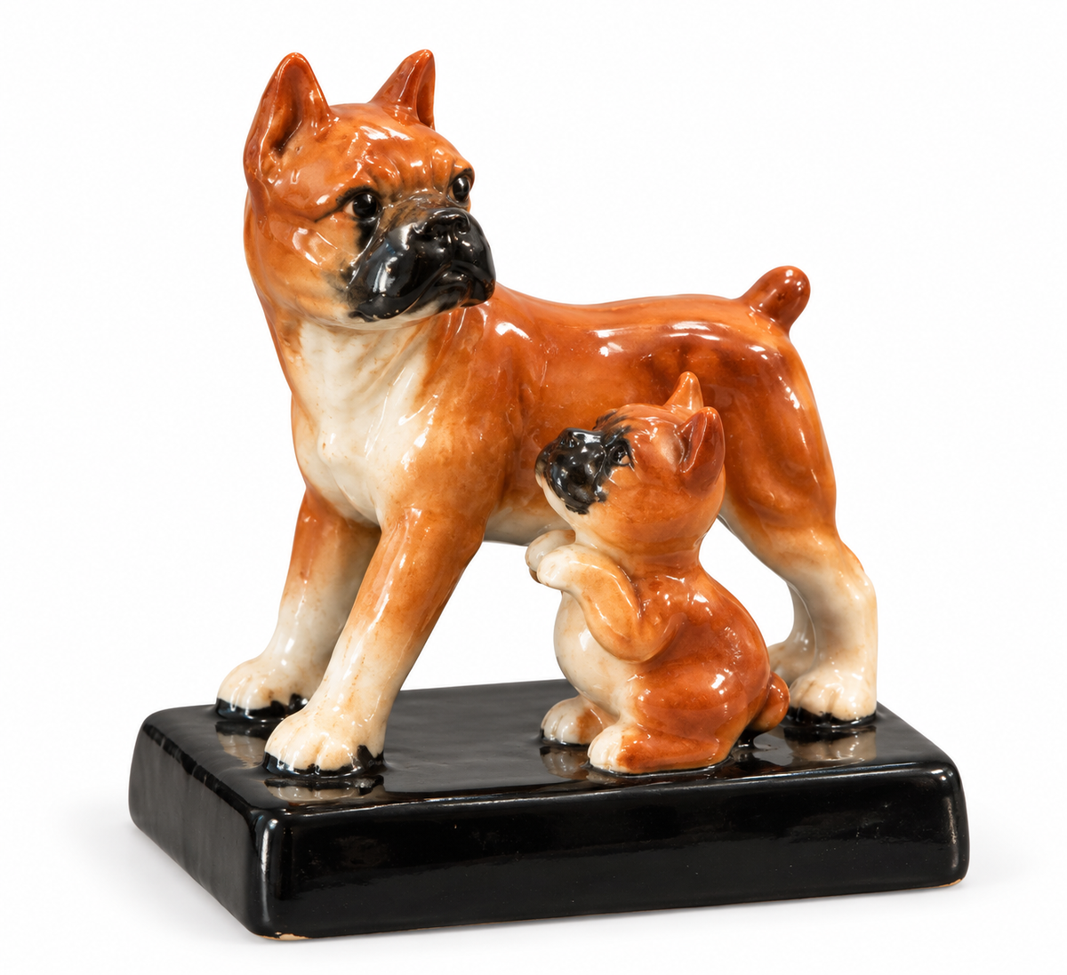 Vintage Ceramic Boxer Dog with Puppy Figurine on Black Base