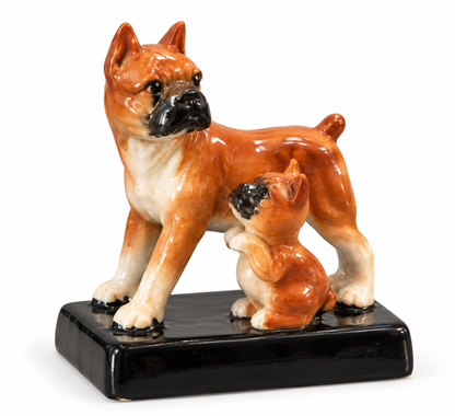 Vintage Ceramic Boxer Dog with Puppy Figurine on Black Base