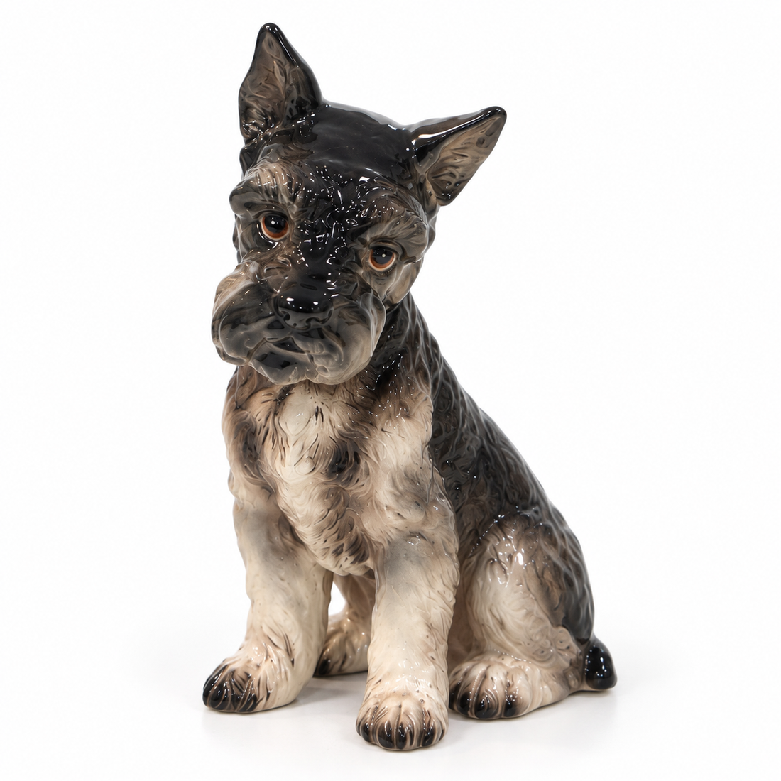 Lefton hand-painted porcelain seated schnauzer figurine, 8 inches tall, on a white background