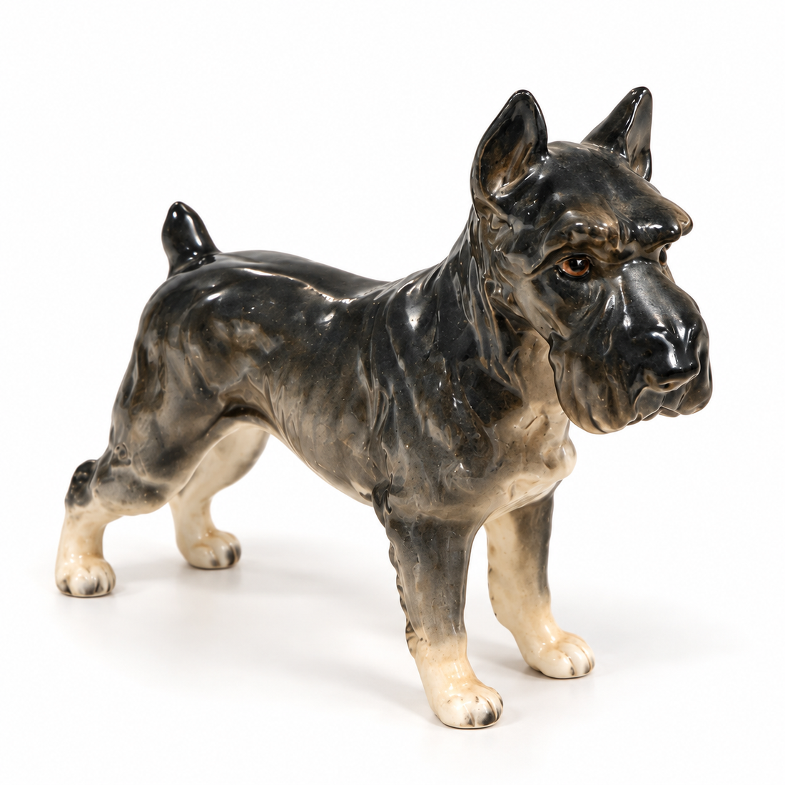 Vintage Lefton hand-painted porcelain standing schnauzer figurine on white background