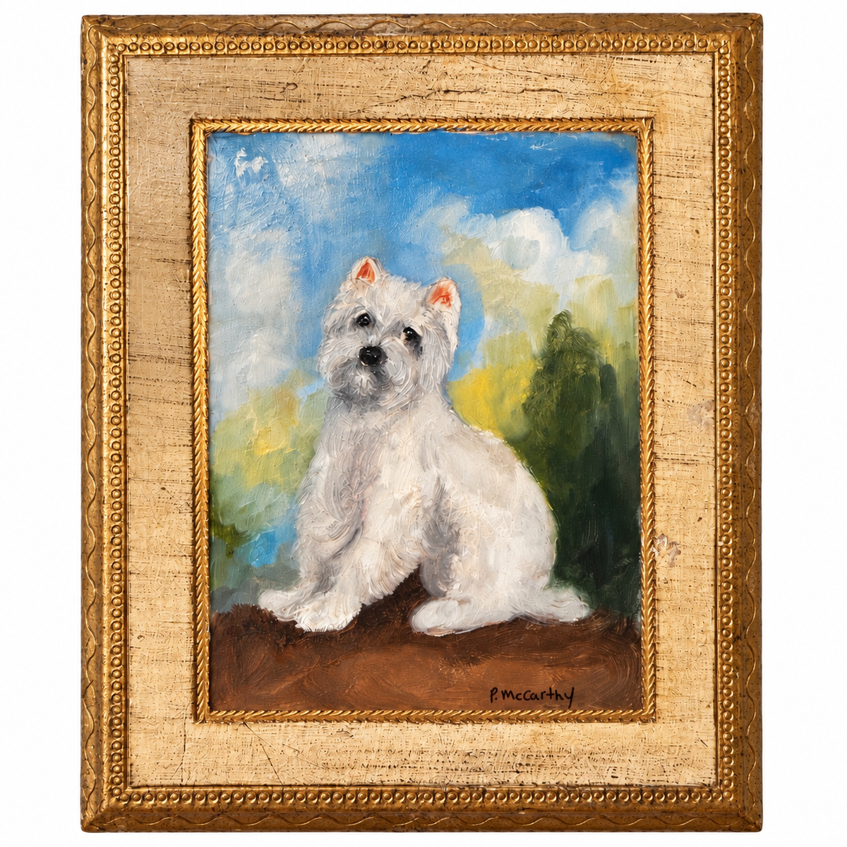 Original White Dog Oil Painting in Ornate Gold Frame by Patti McCarthy