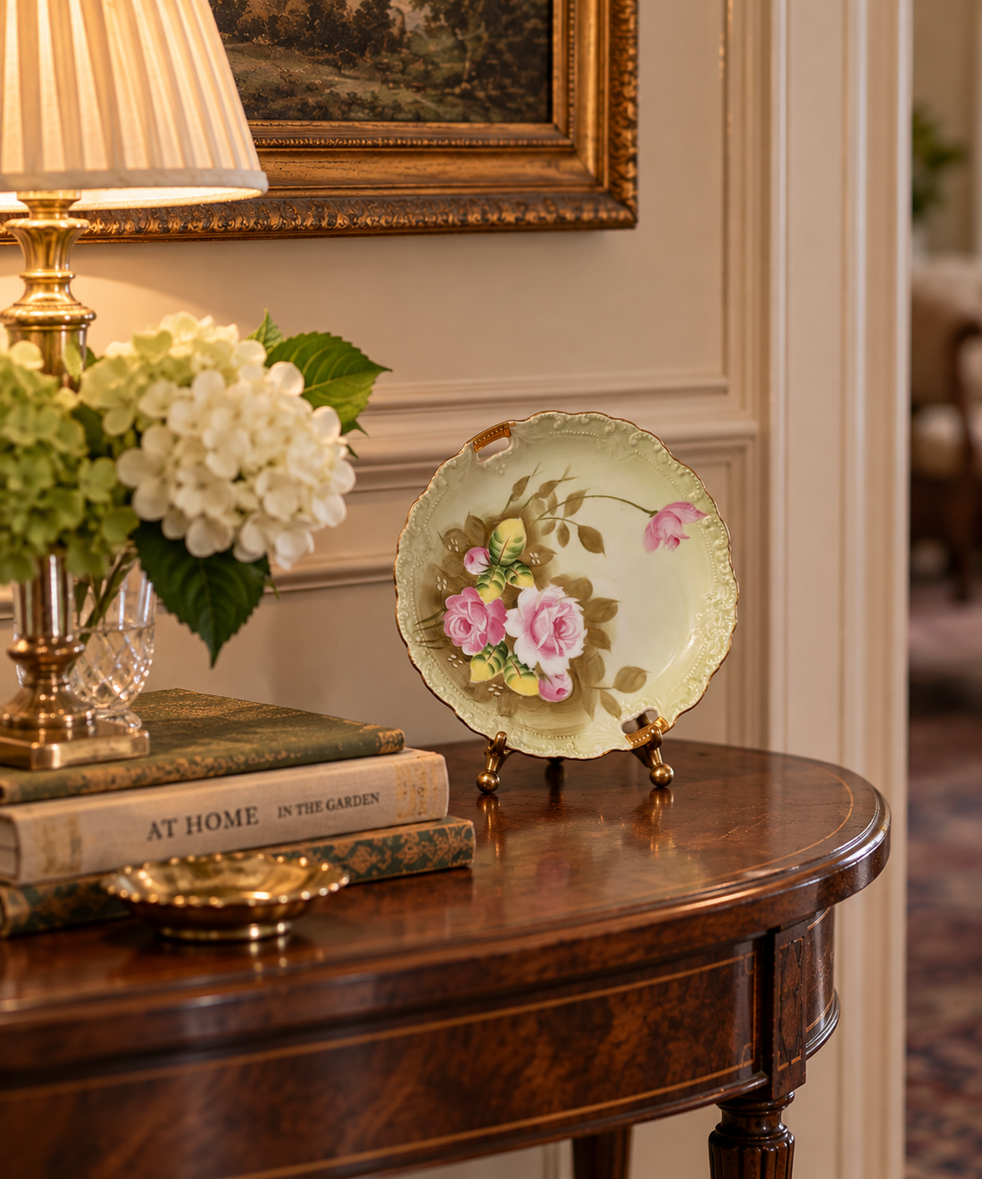 Antique Thomas Hughes &amp; Son Hand-Painted Pink Rose Porcelain Tray with Gilded Handles