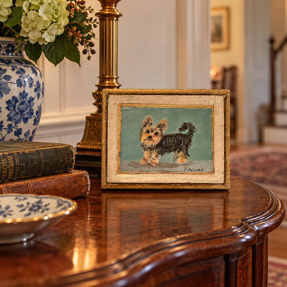 Vintage Yorkshire Terrier 4" x 6" Oil Painting by Patti McCarthy in Distressed Antique Gold Florentine Board.