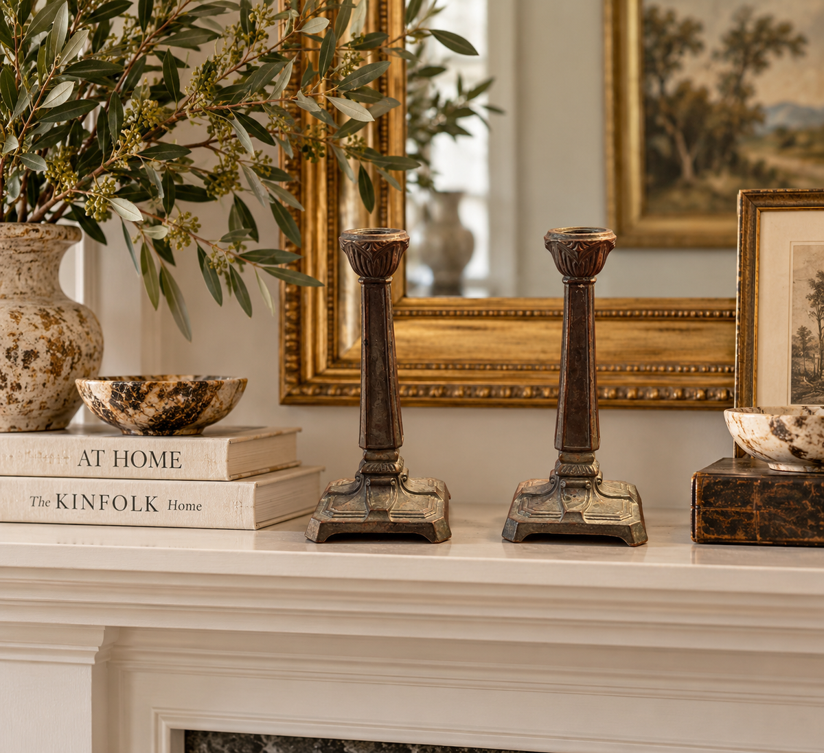 Vintage Ornate Metal Candlesticks with Architectural Bases – Pair