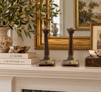 Vintage Ornate Metal Candlesticks with Architectural Bases – Pair