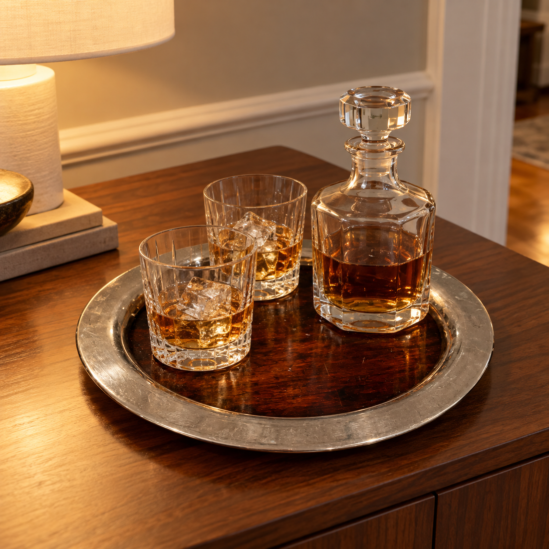 Round silver-tone and wood bar tray with crystal glasses and decanter on a walnut sideboard