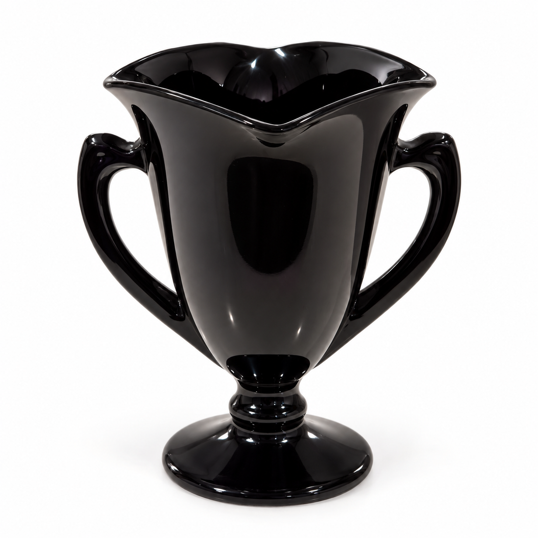 L.E. Smith black amethyst glass two-handled trophy vase with four-point square rim, 7 inches tall, on a white background